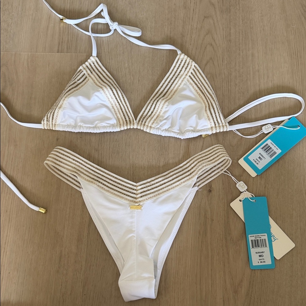 NWT Beach Bunny White Triangle Bikini with Gold Stripe Trim